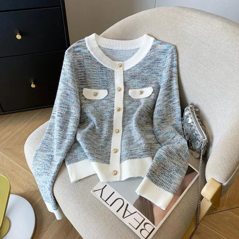 French Fashion Patchwork Elegant Long Sleeve O Neck Women Sweaters 2024 New Autumn Winter Single Breasted Vacation Cardigan Tops