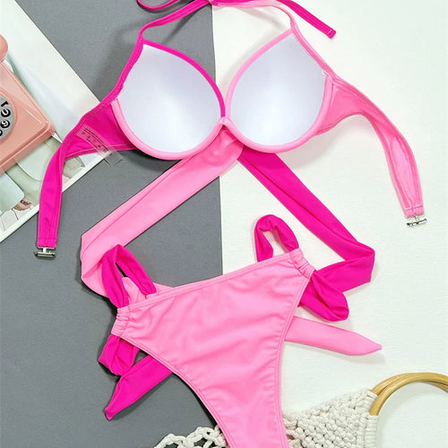 Load image into Gallery viewer, Splicing Halter Underwired Bikini Women 2024 Cross Bandage Swimwear Women Swimsuit Two Pieces Biquini Bathing Suit
