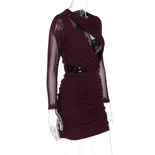 Load image into Gallery viewer, Elegant Hollow Out Sexy Mini Dress For Women Wine Red O Neck Sheer Long Sleeve Bodycon Club Party Sexy Dress Vestidos

