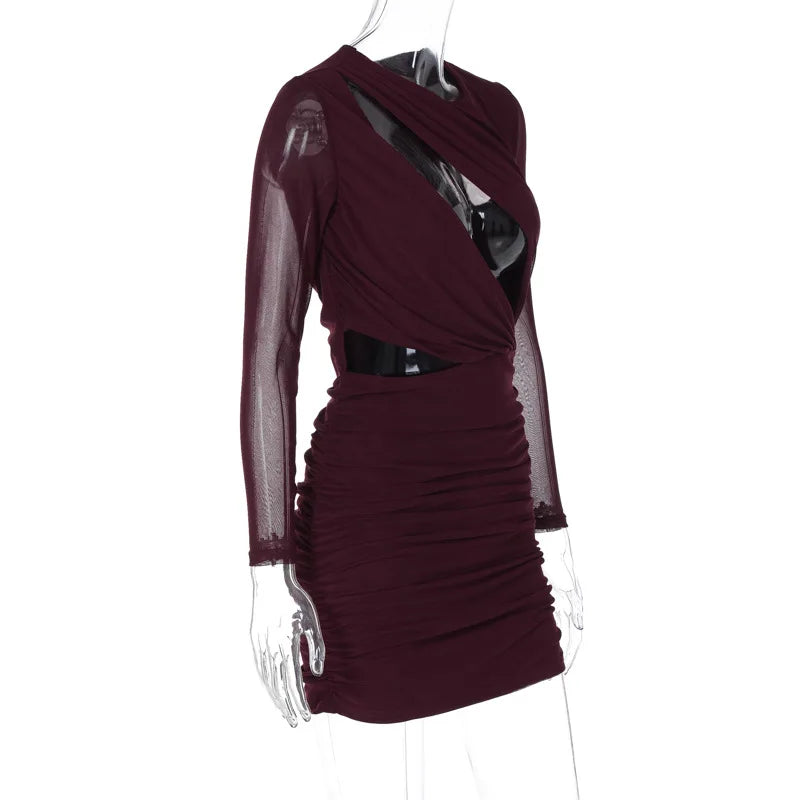 Elegant Hollow Out Sexy Mini Dress For Women Wine Red O Neck Sheer Long Sleeve Bodycon Club Party Sexy Dress Vestidos