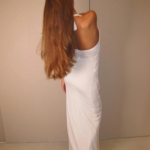 Load image into Gallery viewer, White Floral Ruched Sexy Maxi Dress For Women Gown Halter Deep V Neck Sleeveless Ruffled Bodycon Club Long Dress
