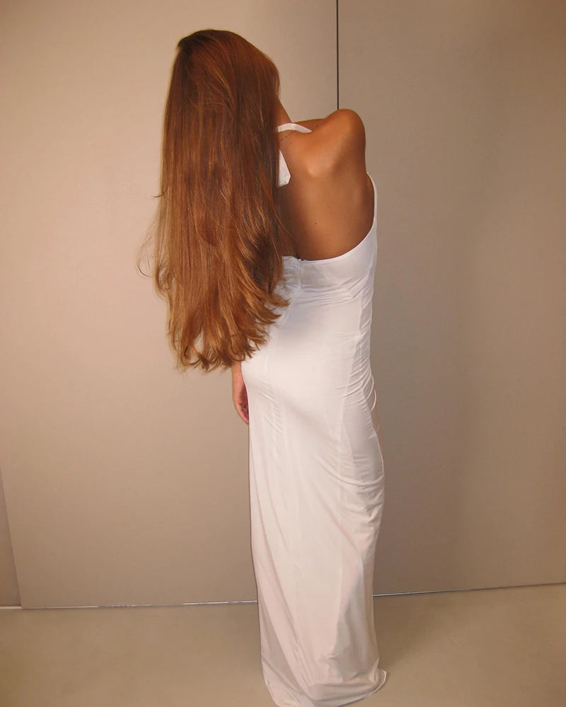 White Floral Ruched Sexy Maxi Dress For Women Gown Halter Deep V Neck Sleeveless Ruffled Bodycon Club Long Dress