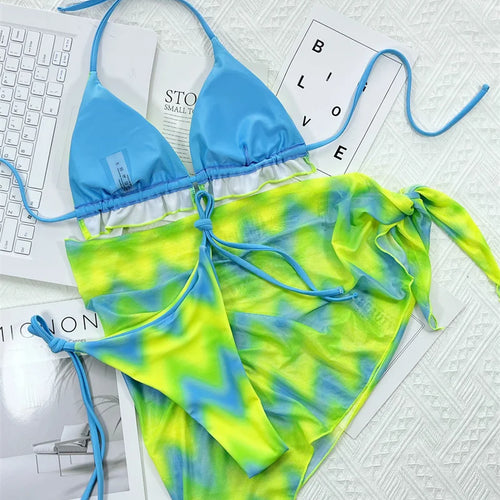 Load image into Gallery viewer, Tie Dye Halter Ruffled Bikini Female Swimsuit Women Swimwear Three-pieces Bikini set With Skirt Bathing Suit
