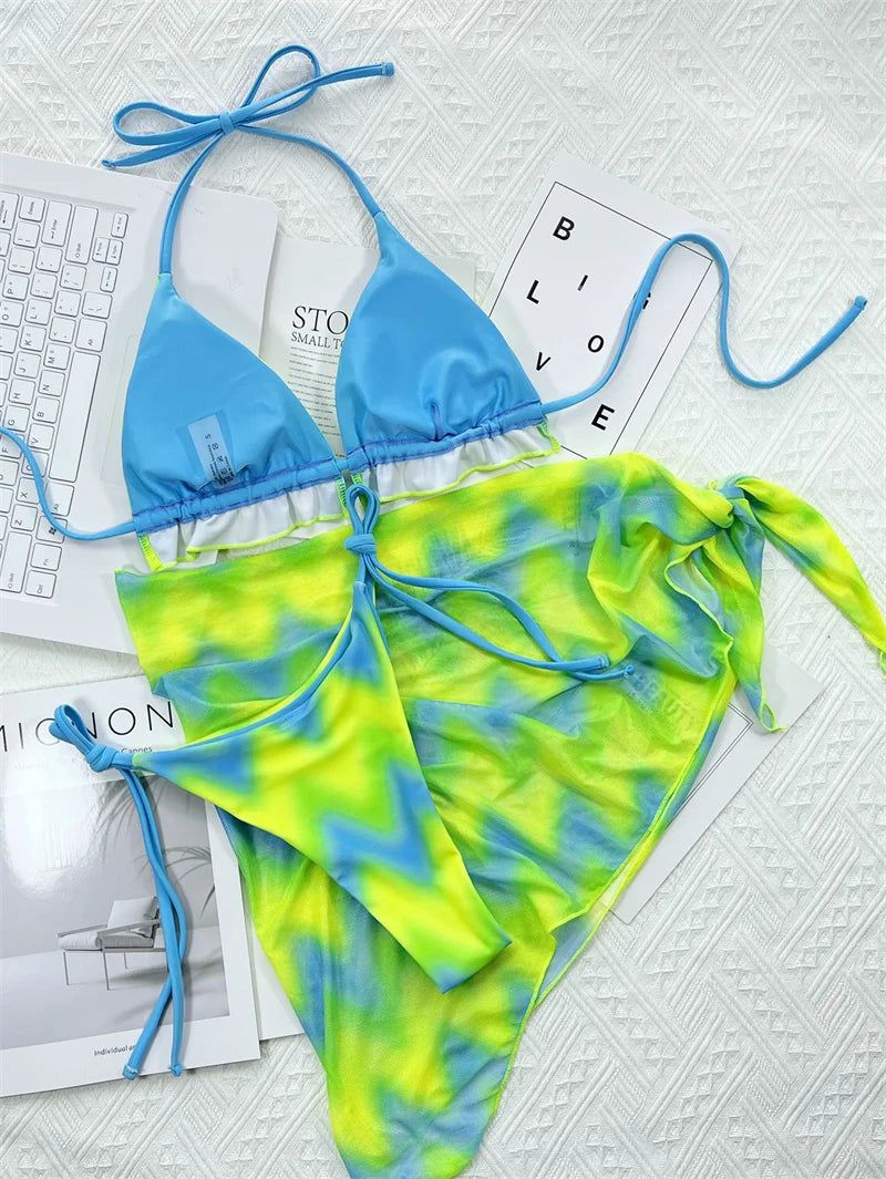 Tie Dye Halter Ruffled Bikini Female Swimsuit Women Swimwear Three-pieces Bikini set With Skirt Bathing Suit