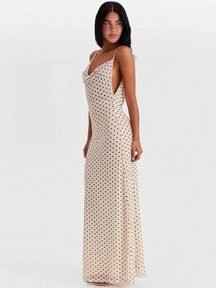 Spaghetti Strap Polka Dot Dress For Women Gown Fashion Irregular V Neck Sleeveless Backless Bodycon Club Long Dress