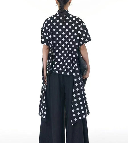 Women Black Pleated Dot Irregular Big Size Blouse New Lapel Short Sleeve Shirt Fashion Tide Spring Summer 2025 1DJ0890