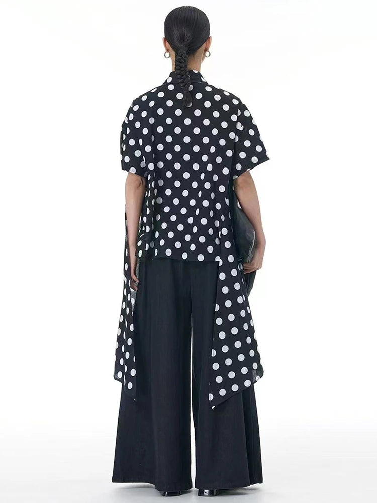 Women Black Pleated Dot Irregular Big Size Blouse New Lapel Short Sleeve Shirt Fashion Tide Spring Summer 2025 1DJ0890