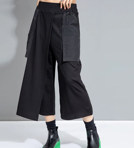 High Elastic Waist Black Spliced False Two Calf-Length Pants New Trousers Women Fashion Tide Spring Autumn 2025 1DJ0909