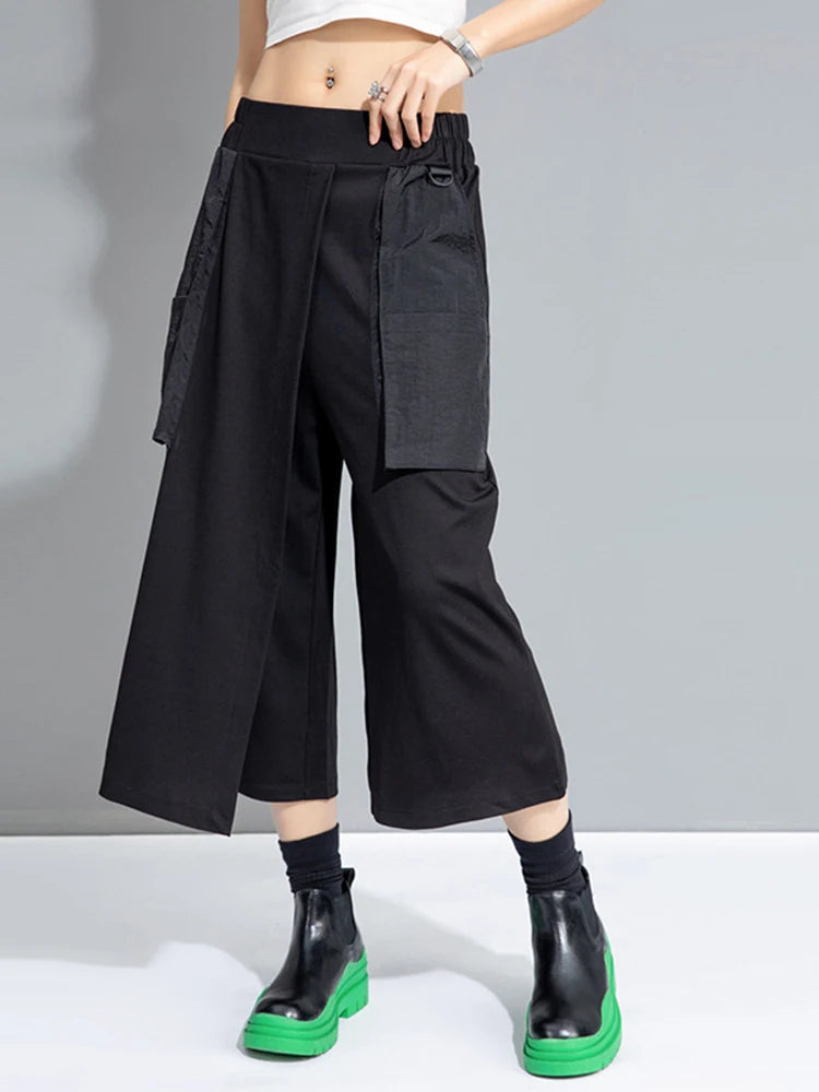 High Elastic Waist Black Spliced False Two Calf-Length Pants New Trousers Women Fashion Tide Spring Autumn 2025 1DJ0909