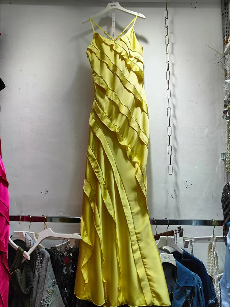 Solid Slimming Long Dresses For Women Square Neck Sleeveless High Waist Temperament Dress Female Fashion Style New