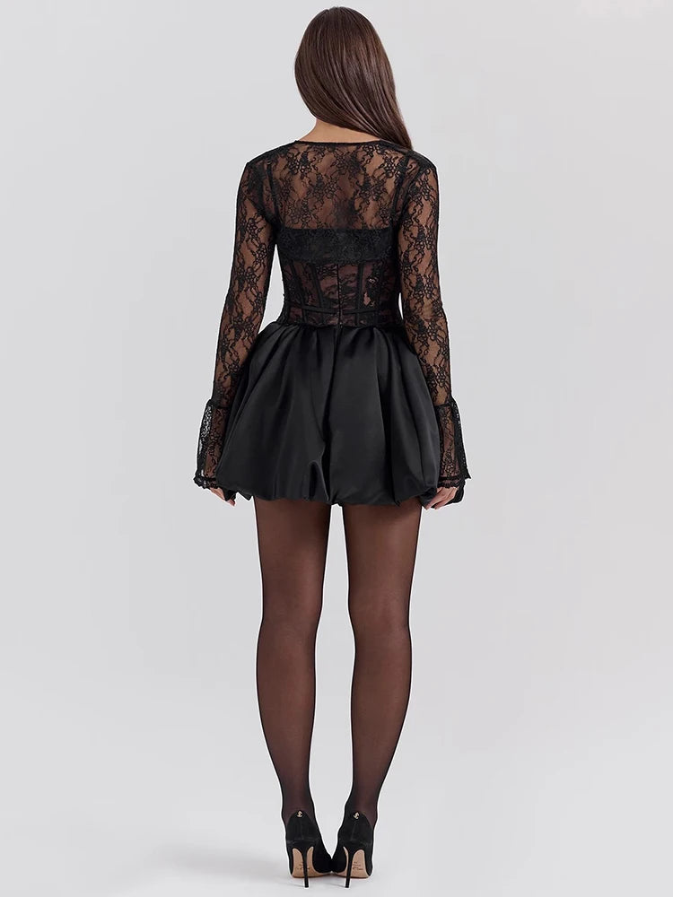 Black Lace Puffball Sexy Mini Dress For Women Fashion Lace-up Sheer Long Flare Sleeve High Waist Club Party Dress