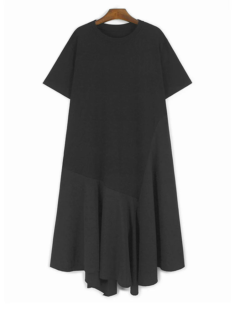 Women Black Irregular Spliced Big Size Casual Dress New Round Neck Short Sleeve Fashion Tide Spring Summer 2025 1DJ1188