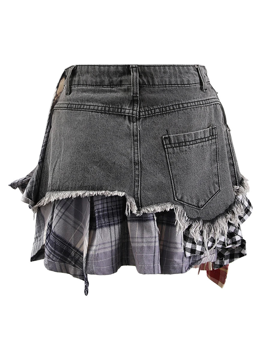 Colorblock Asymmetrical Denim Skirts For Women High Waist Spliced Button High Street Skinny Skirts Female Fashion