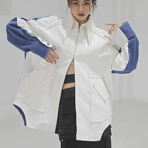Load image into Gallery viewer, White Color-bock Denim Burr Big Size Jacket New Lapel Long Sleeve Women Coat Fashion Tide Spring Autumn 2025 1DF302400
