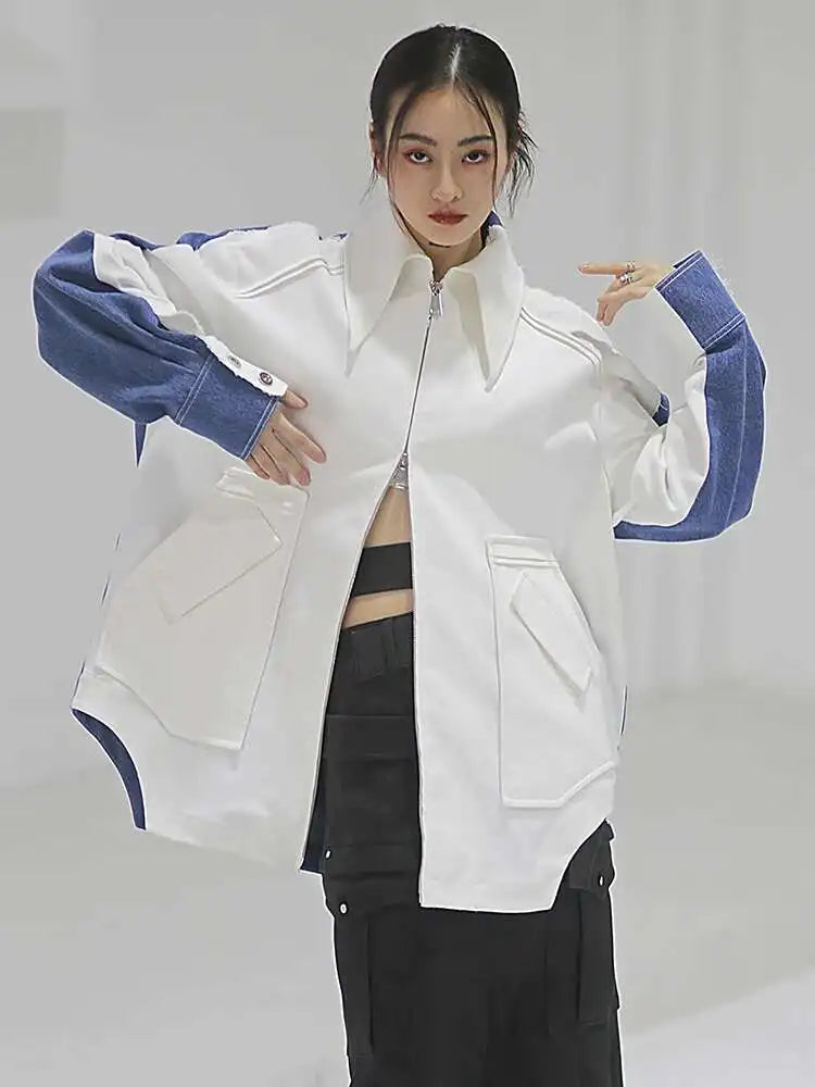 White Color-bock Denim Burr Big Size Jacket New Lapel Long Sleeve Women Coat Fashion Tide Spring Autumn 2025 1DF302400