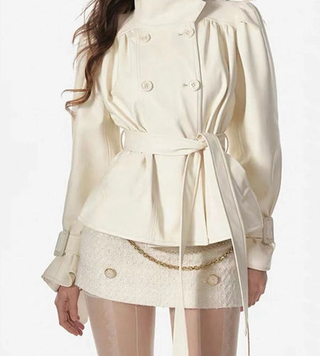 TWOTWINSTYLE Solid Spliced Lace Up Temperament Trench for Women Stand Neck Long Sleves Patchwork Double Breasted Trench Female