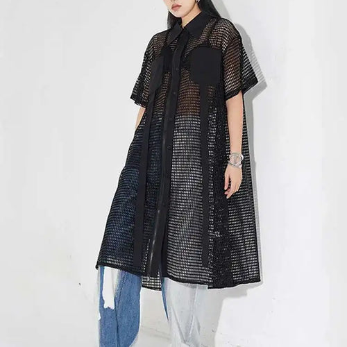 Load image into Gallery viewer, Women Black Mesh Perspective Midi Big Size Shirt Dress New Lapel Short Sleeve Fashion Tide Spring Summer 2025 1DH4934
