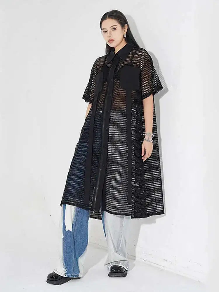 Women Black Mesh Perspective Midi Big Size Shirt Dress New Lapel Short Sleeve Fashion Tide Spring Summer 2025 1DH4934