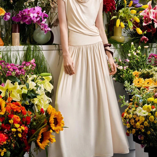 Load image into Gallery viewer, Solid Loose Casual Long Dresses for Women Swinging Neck Sleeveless Low Waist Patchwork Folds Elegant Dress Female
