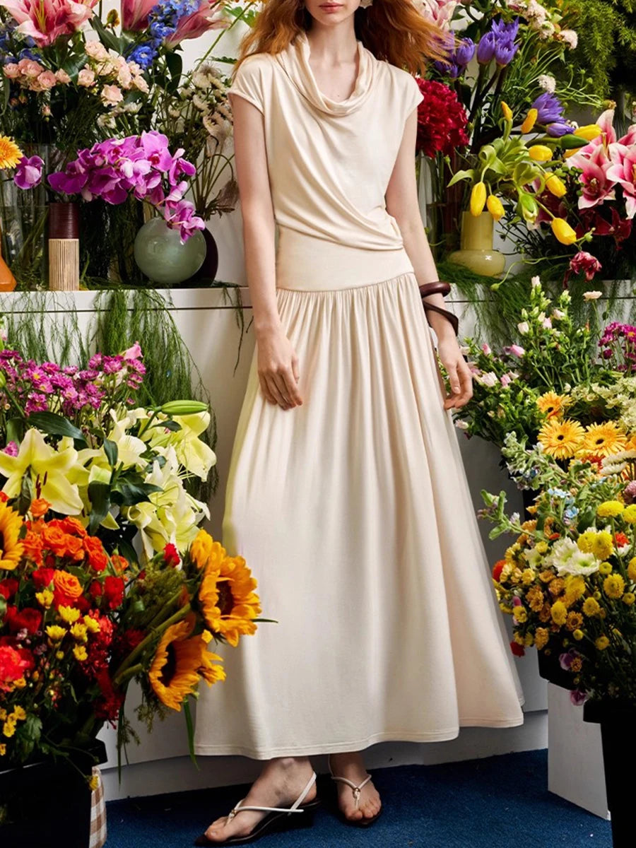 Solid Loose Casual Long Dresses for Women Swinging Neck Sleeveless Low Waist Patchwork Folds Elegant Dress Female