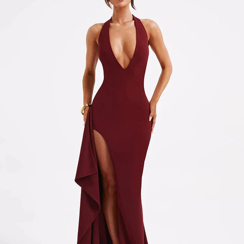 Load image into Gallery viewer, Deep V Neck Thigh High Split Maxi Dress Women Halter Sleeveless Backless Bodycon Club Party Sexy Long Dress New
