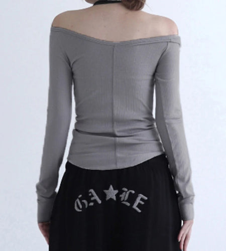 Fairy Grunge Top y2k Clothing Women Off Shoulder Long Sleeve Ribbed Halter Neck T Shirt 2000s Gothic Clothes Streetwear