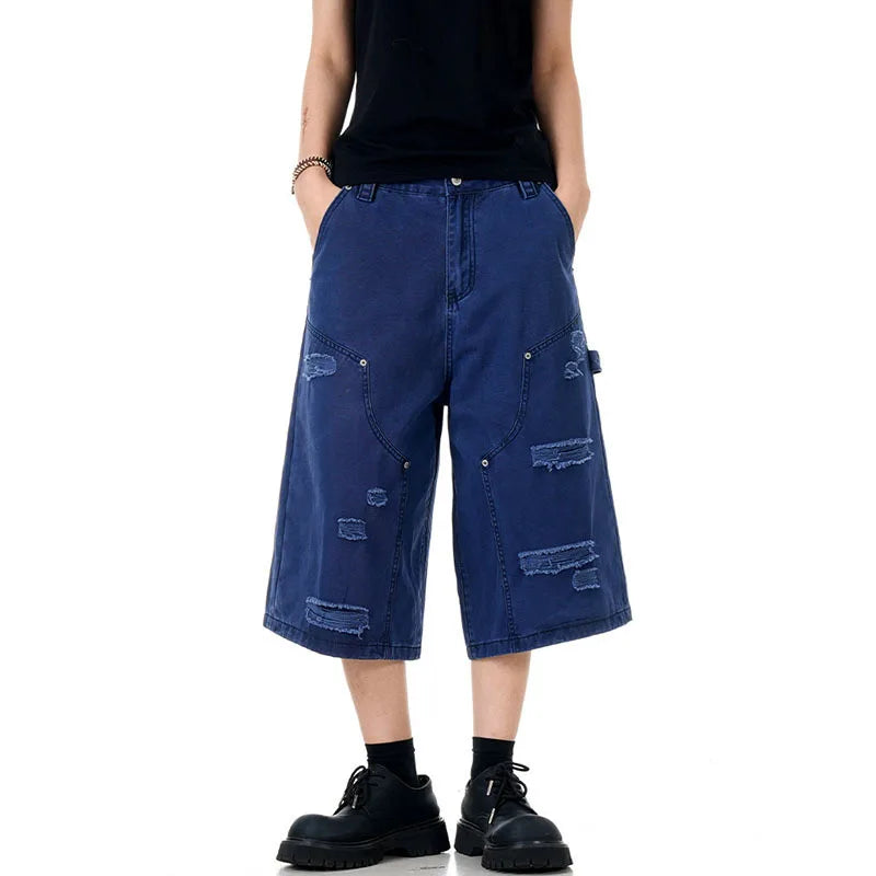 Men's Jeans New American Washed Distressed Denim Shorts High Street Loose Wide Leg Cropped Pants Solid Color Bottoms 9W1715