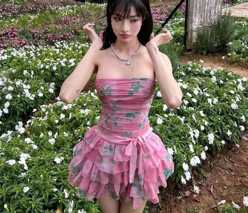 Pink Floral Print Strapless Ruffled A Line Mini Dresses Y2k Girls Kawaii Fashion 2024 Summer Woman Dress P33-CI18