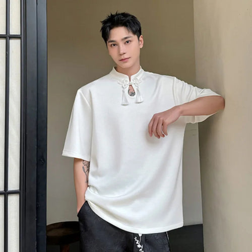 Load image into Gallery viewer, Chinese Style Men&#39;s T-shirt Short Sleeve Stand Collar Tassel Casual Pullover Top Summer Fashion Tide 9C5588
