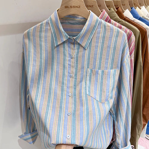 Load image into Gallery viewer, Women Pink Striped Loose Blouse 2023 Office Turn-down Collar Long Sleeve Vintage Blue Patchwork Single Breasted Top Shirt Autumn
