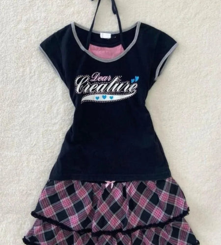 Two Pieces Set T-shirt Halter Patchwork Slim Casual Letter Cropped Top Women Y2k Aesthetic Summer Contrast Color Grunge Tees