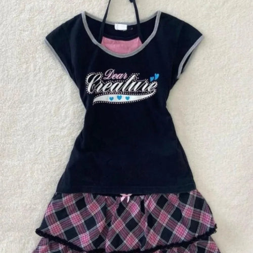 Load image into Gallery viewer, Two Pieces Set T-shirt Halter Patchwork Slim Casual Letter Cropped Top Women Y2k Aesthetic Summer Contrast Color Grunge Tees
