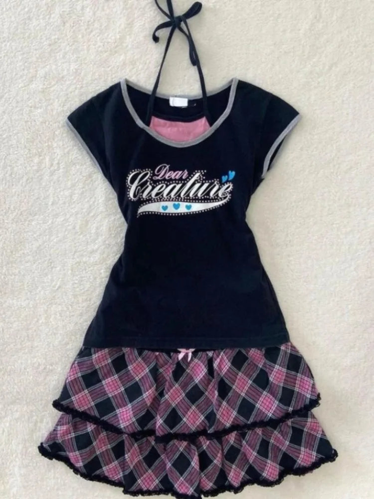 Two Pieces Set T-shirt Halter Patchwork Slim Casual Letter Cropped Top Women Y2k Aesthetic Summer Contrast Color Grunge Tees