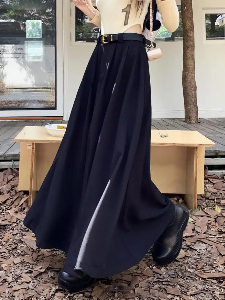 Autumn Black Pockets Long Skirt Women With Belt 2023 Fashion Korean Ladies High Waist Pleated A-line Grey Suit Skirt Female Chic