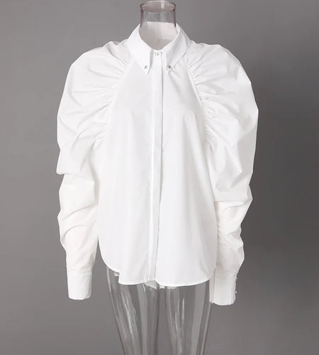 Women Black Pleated Shaped Big Size Elegant Blouse New Lapel Long Puff Sleeve Shirt Fashion Spring Autumn 2025 CPG2607