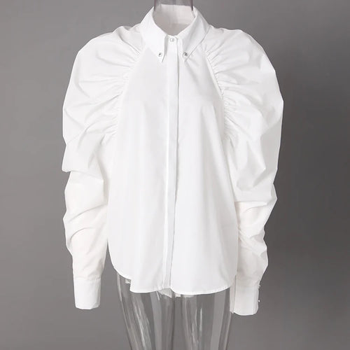 Load image into Gallery viewer, Women Black Pleated Shaped Big Size Elegant Blouse New Lapel Long Puff Sleeve Shirt Fashion Spring Autumn 2025 CPG2607
