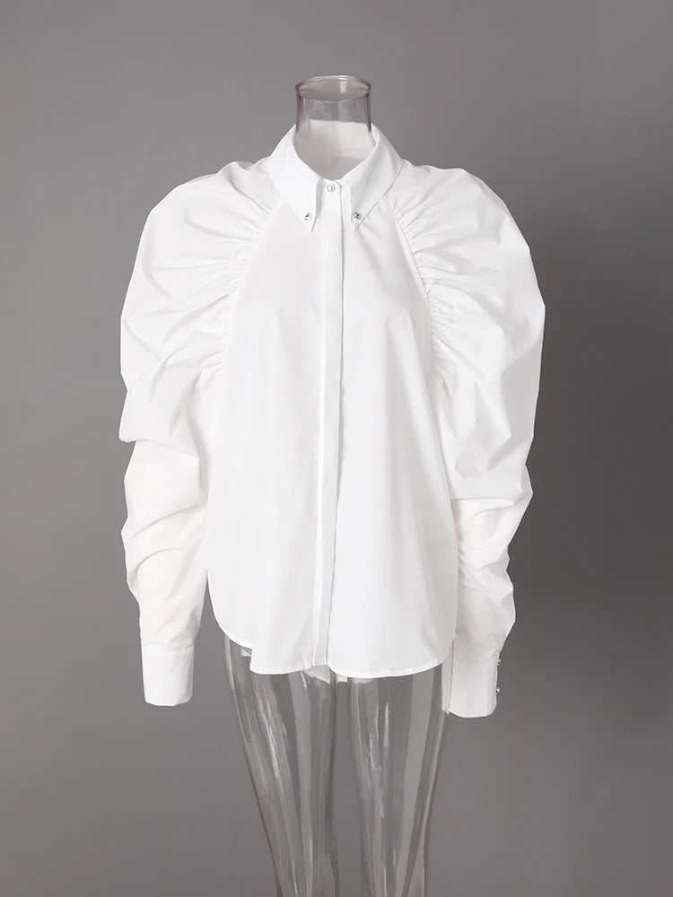 Women Black Pleated Shaped Big Size Elegant Blouse New Lapel Long Puff Sleeve Shirt Fashion Spring Autumn 2025 CPG2607