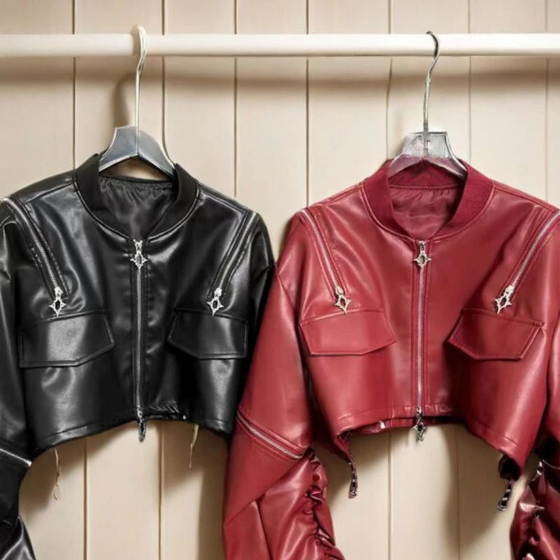 2025 Y2k Aesthetic PU Leather Jacket Womens Streetwear Pleated Grunge Solid Jackets Loose Harajuku Zipper Female Punk Crop Coat