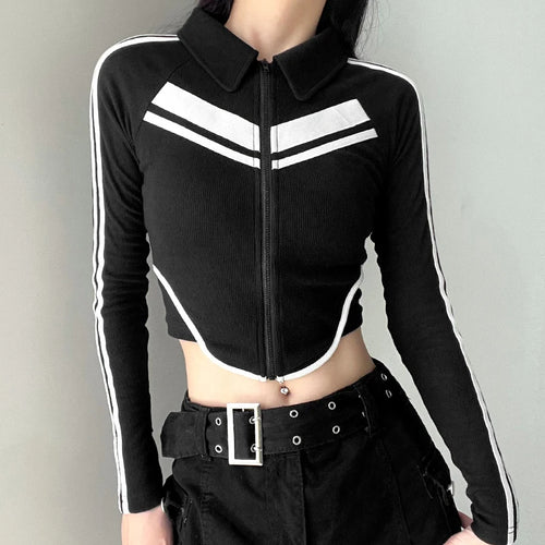 Load image into Gallery viewer, Korean Fashion Stripe Spliced Skinny Women Jacket Zip Up Coat Bodycon Slim Casual Sporty Chic Outwear Shirts Cropped
