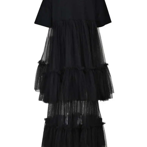 Load image into Gallery viewer, Women Black Layers Mesh Long Big Size Dress New Round Neck Short Sleeve Loose Fit Fashion Tide Spring Summer 2025 16R3054
