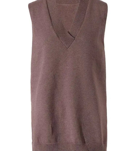 Coffee Color Big Size Knitting Sweater Loose Fit V-Neck Sleeveless Women Pullovers New Fashion Autumn Winter 2025 1Y21116