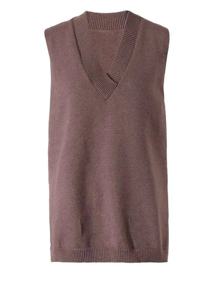 Coffee Color Big Size Knitting Sweater Loose Fit V-Neck Sleeveless Women Pullovers New Fashion Autumn Winter 2025 1Y21116