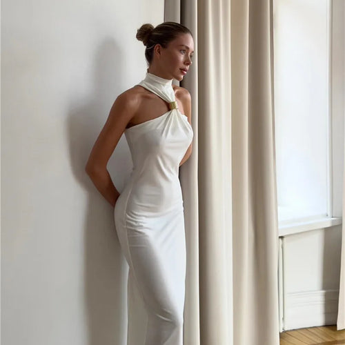 Load image into Gallery viewer, Turtleneck Off-shoulder Sexy Knit Maxi Dress For Women Gown Metal Buckle Strapless Sleeveless High Waist Knitted Dress
