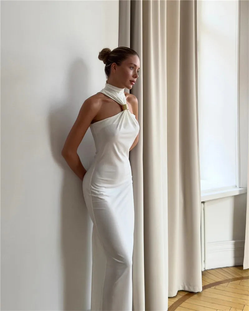 Turtleneck Off-shoulder Sexy Knit Maxi Dress For Women Gown Metal Buckle Strapless Sleeveless High Waist Knitted Dress