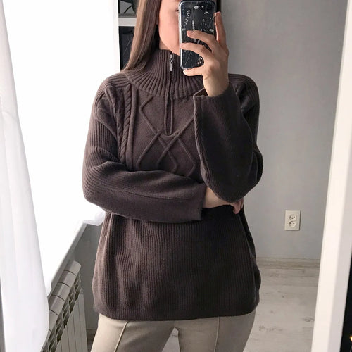 Load image into Gallery viewer, Women&#39;s Oversized Cable-knit Wool Sweater Thick Warm Knitted Pullover Solid Long Sleeve Turtleneck  Zip Up Winter Coat C-148
