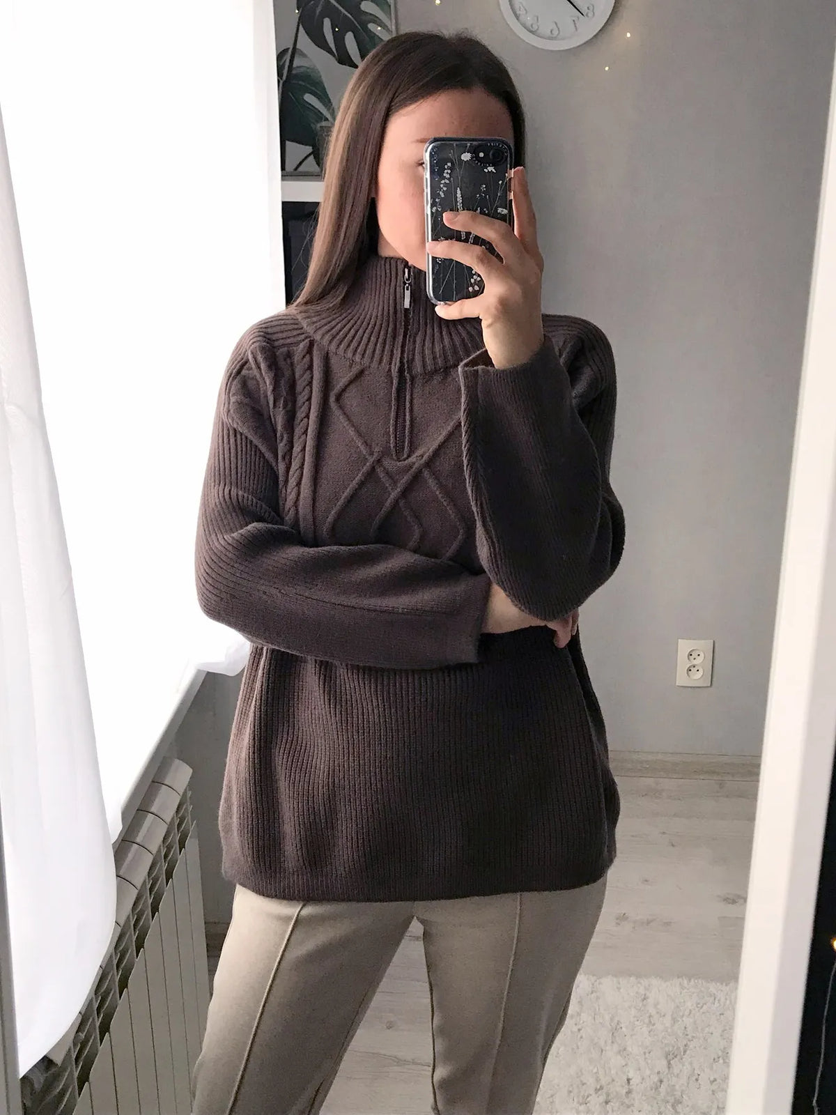 Women's Oversized Cable-knit Wool Sweater Thick Warm Knitted Pullover Solid Long Sleeve Turtleneck  Zip Up Winter Coat C-148