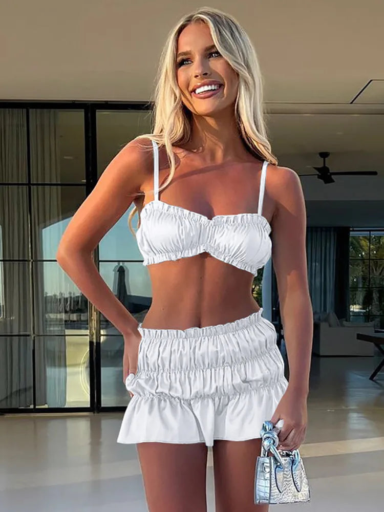 Sexy Sleeveless Bra Top Short Skirt Two-piece Set For Women 2024 Autumn New Pleated Skirt Set Slim Party Beach Holiday