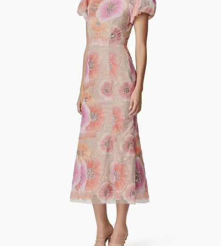 Hit Color Printing Spliced Bead Dresses for Women Round Neck Short Sleeves High Waist Temperament Long Dress Female