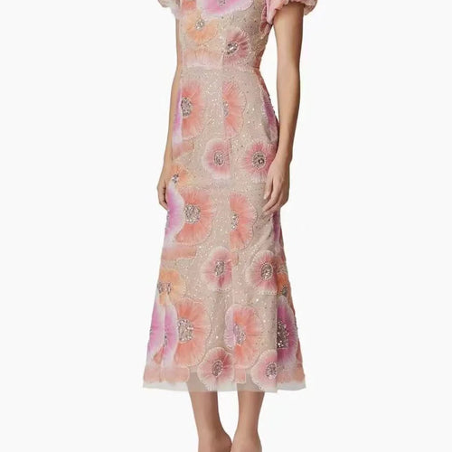 Load image into Gallery viewer, Hit Color Printing Spliced Bead Dresses for Women Round Neck Short Sleeves High Waist Temperament Long Dress Female
