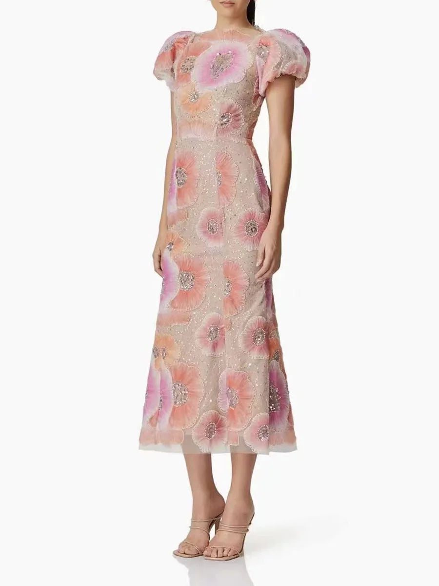 Hit Color Printing Spliced Bead Dresses for Women Round Neck Short Sleeves High Waist Temperament Long Dress Female